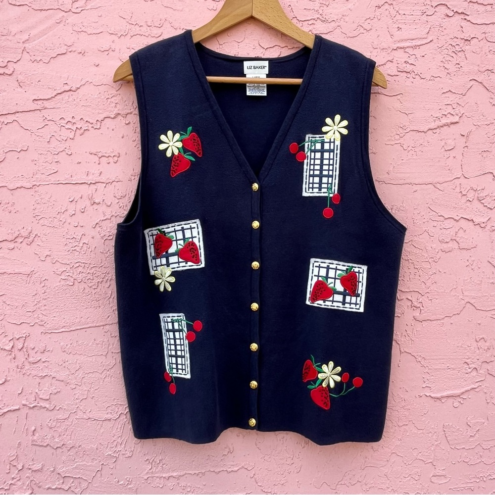 Vintage Liz Baker Strawberry Cherry Floral Knit Cardigan Sweater Vest Y2K 90s